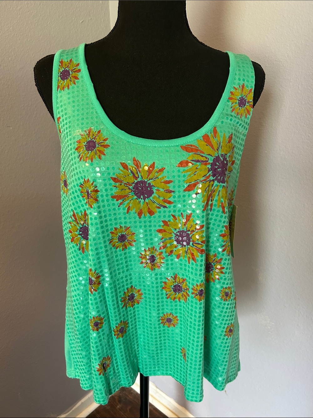 Rewind Girl Juniors Green Floral Sequin Tank Top Size Large